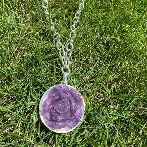 Purple & Silver Rose Pendant (2”) Necklace LOYAL MUSE 19” long